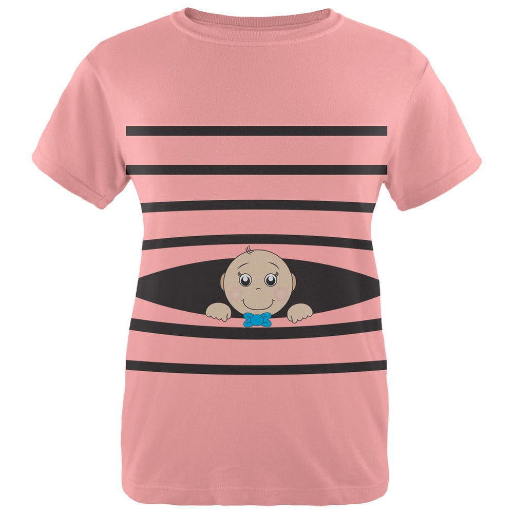 Striped Peeking Baby Boy Pink Womens T-Shirt Women's T-Shirts Old Glory