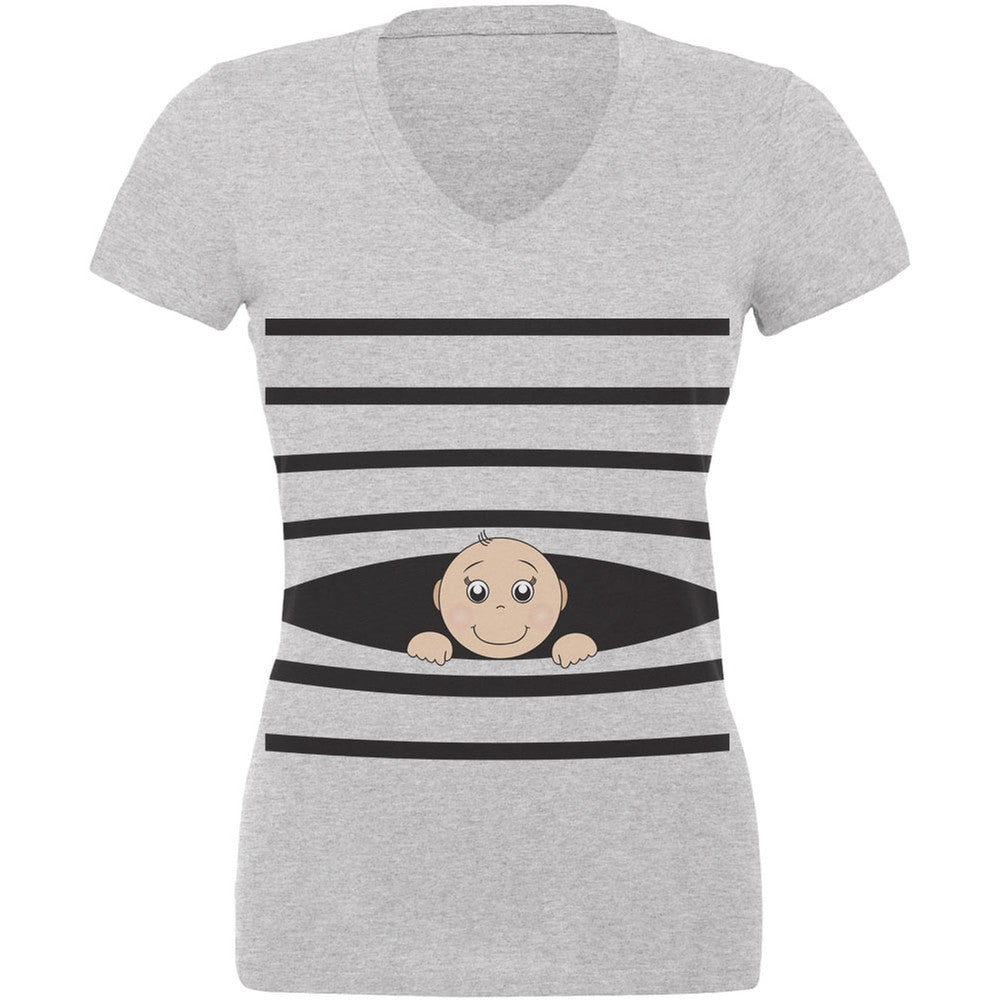 Striped Peeking Baby Heather Juniors V-Neck T-Shirt Juniors V-Neck T-Shirts Old Glory
