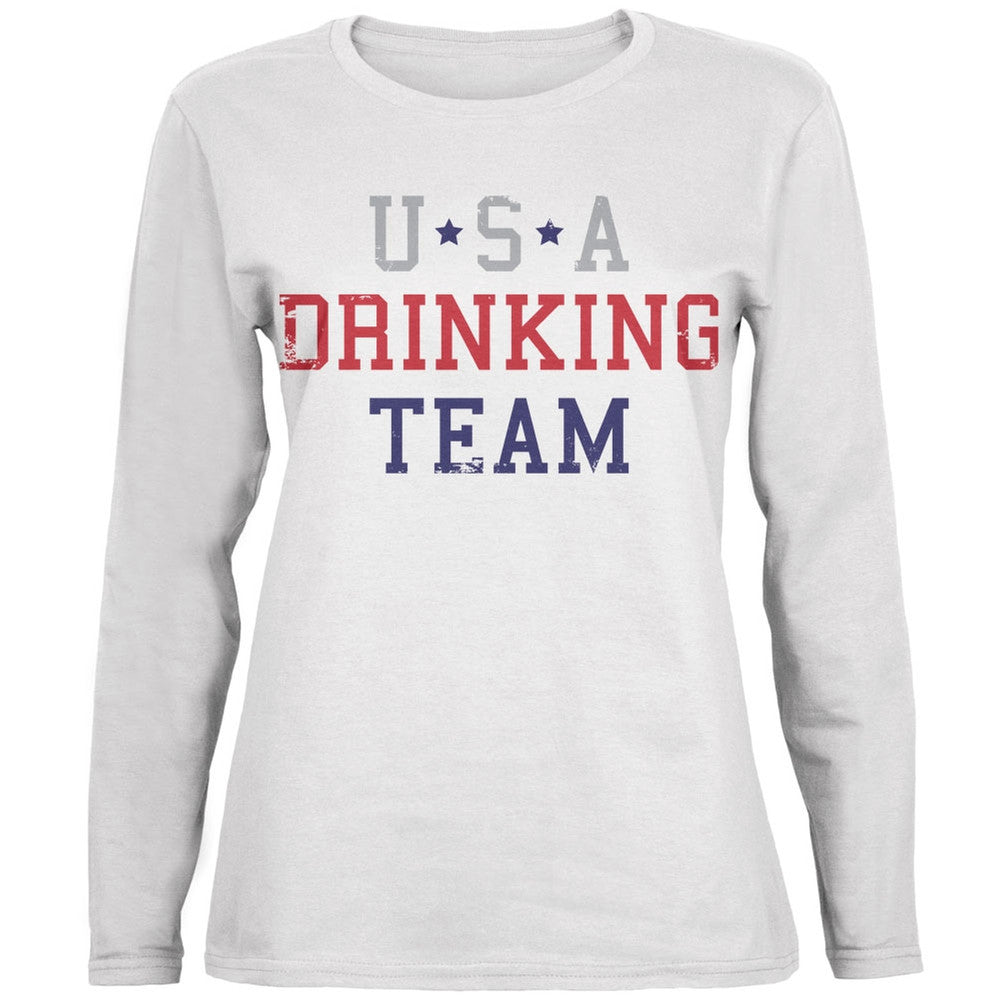4th of July USA Drinking Team White Womens Long Sleeve T-Shirt Women's Long Sleeves Old Glory SM White