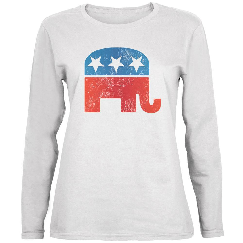 Distressed Republican Elephant Logo White Womens Long Sleeve T-Shirt Women's Long Sleeves Old Glory 2XL White