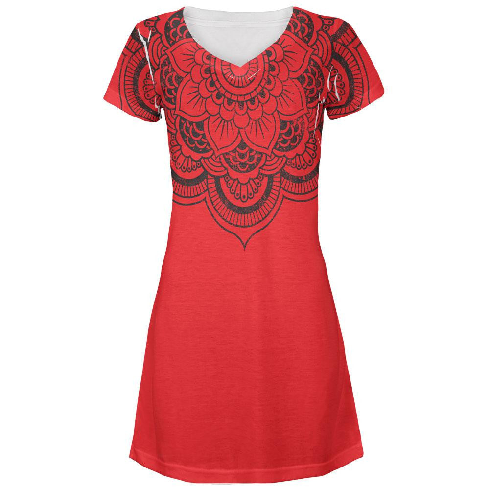 Mandala Flower All Over Juniors V-Neck Dress Juniors Dresses Old Glory LG Multi