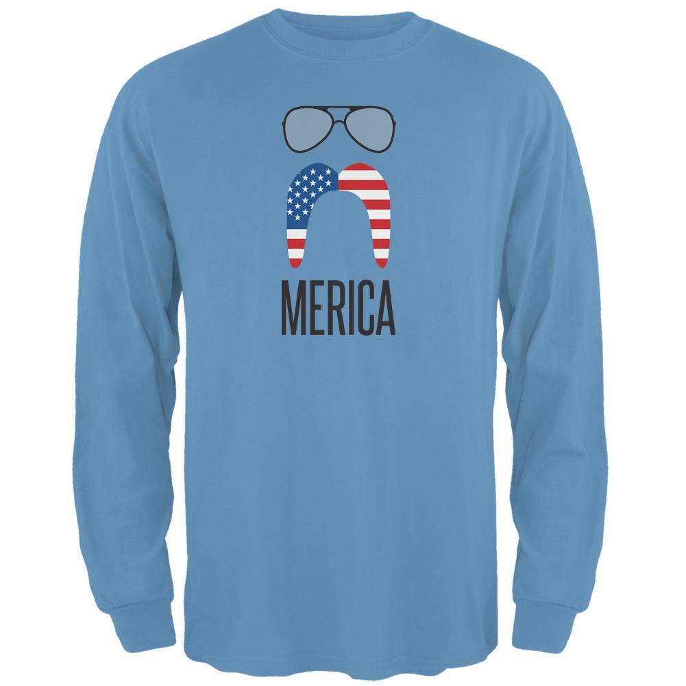 4th of July Merica Sunglasses and Mustache Carolina Blue Adult Long Sleeve T-Shirt Men's Long Sleeves Old Glory 2XL Light Blue