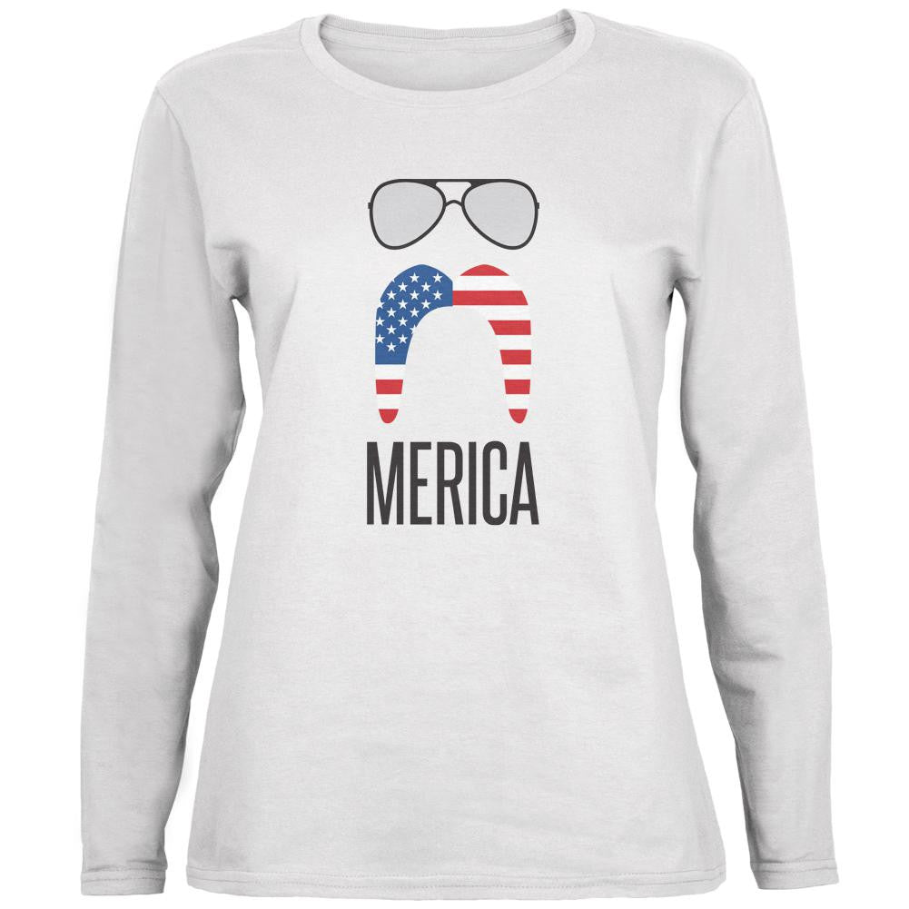 4th of July Merica Sunglasses and Mustache White Womens Long Sleeve T-Shirt Women's Long Sleeves Old Glory 2XL White