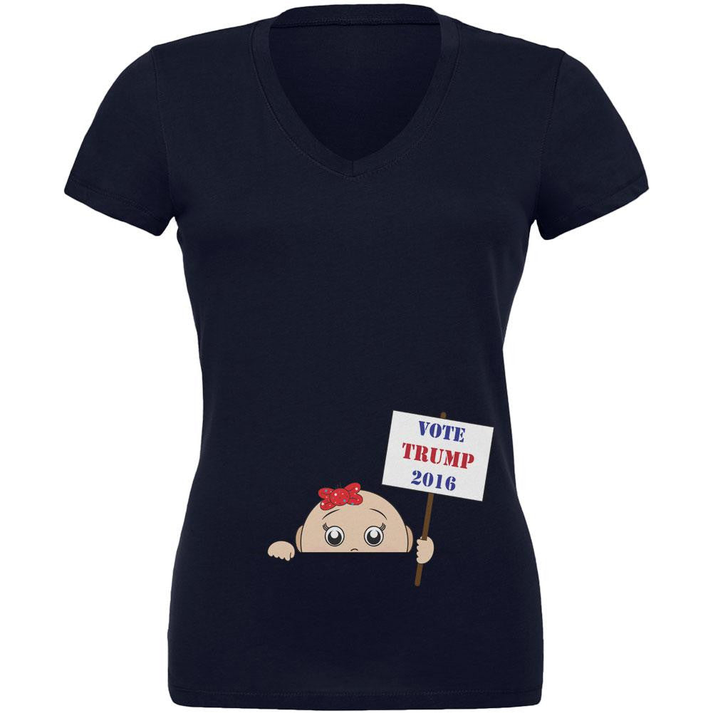 Election 2016 Peeking Baby Girl Donald Trump Navy Juniors V-Neck T-Shirt Juniors V-Neck T-Shirts Old Glory 2XL Blue