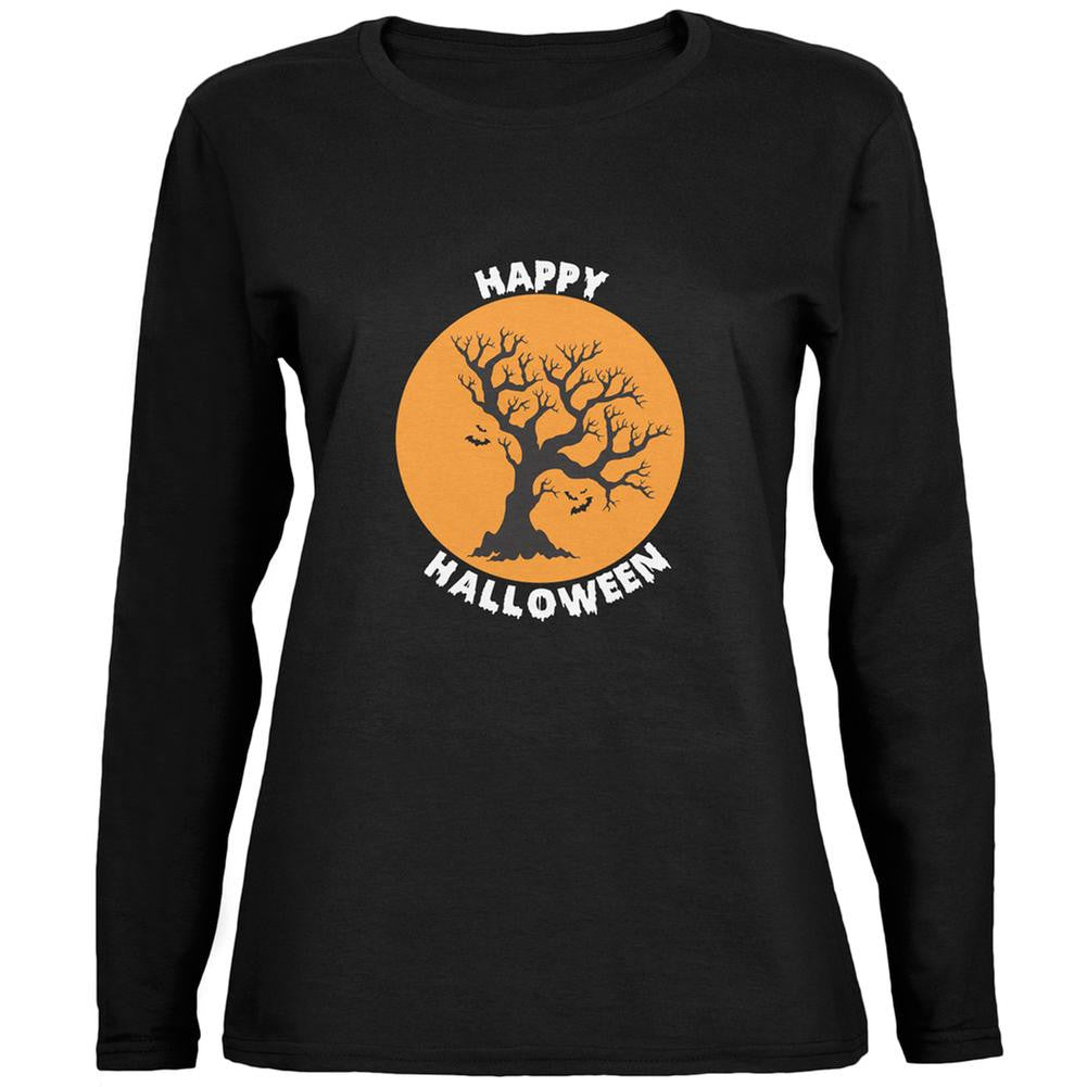 Happy Halloween Tree Silhouette Black Womens Long Sleeve T-Shirt Women's Long Sleeves Old Glory 2XL Black