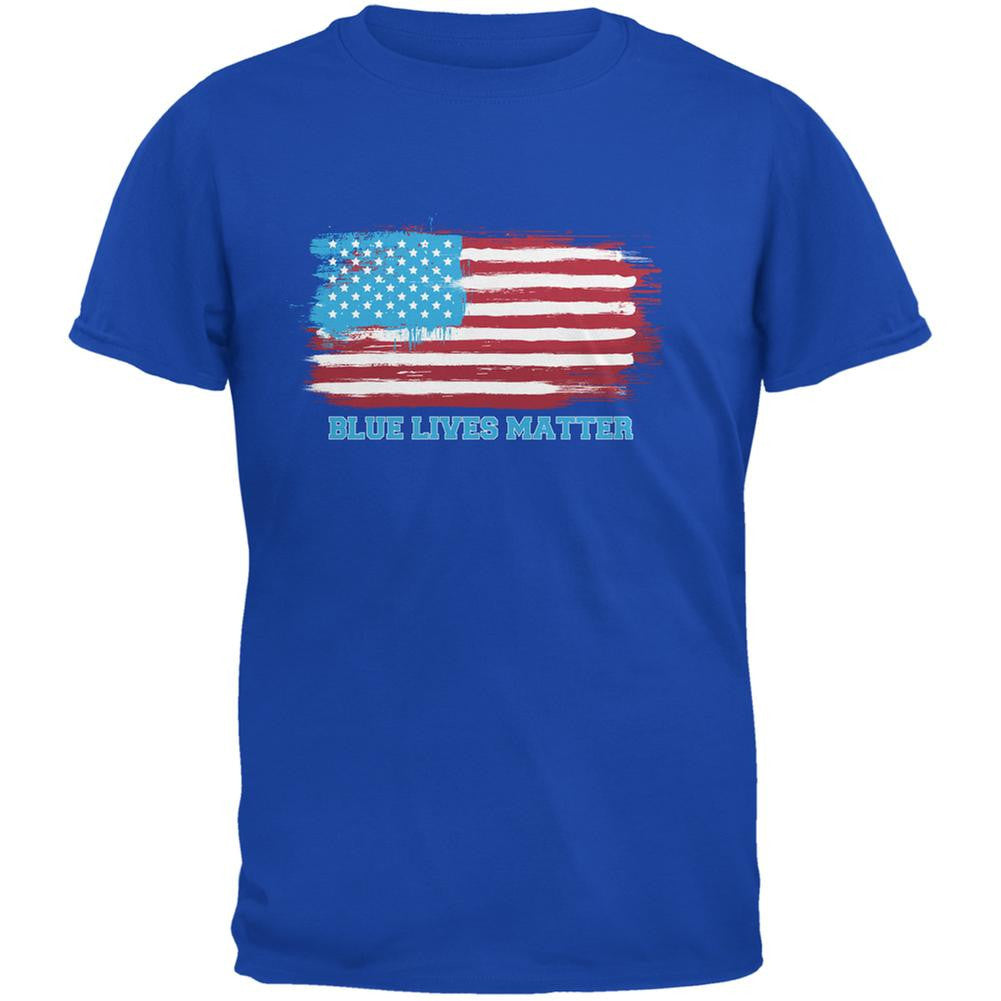 Blue Lives Matter Distressed American Flag Royal Adult T-Shirt Men's T-Shirts Old Glory SM Blue