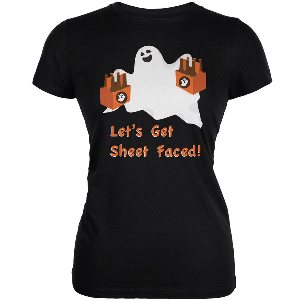 Halloween Ghost Sheet Faced Black Juniors Soft T-Shirt Juniors T-Shirts Old Glory SM Black