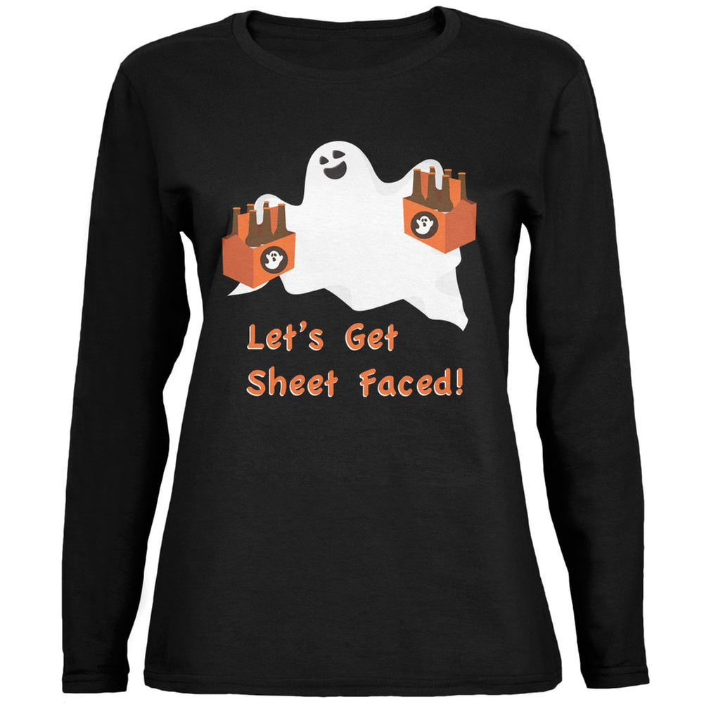 Halloween Ghost Sheet Faced Black Womens Long Sleeve T-Shirt Women's Long Sleeves Old Glory SM Black
