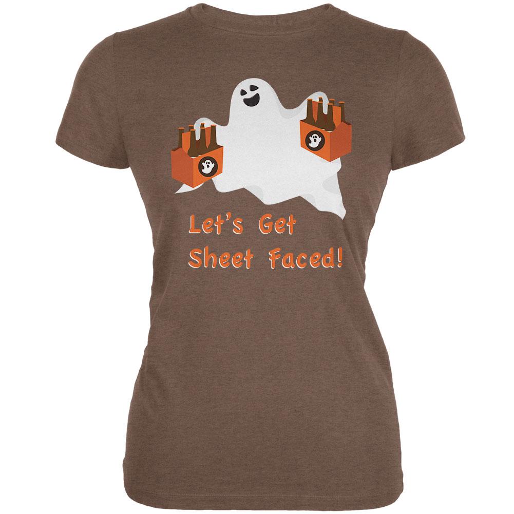 Halloween Ghost Sheet Faced Heather Brown Juniors Soft T-Shirt Juniors T-Shirts Old Glory SM Brown