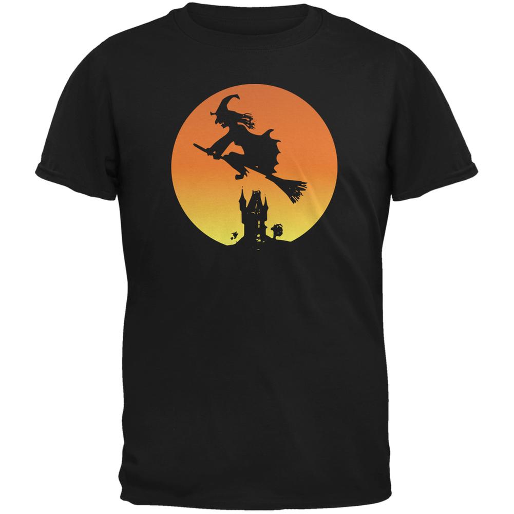 Halloween Witch Over Haunted House Silhouette Mens T Shirt - Black Men's T-Shirts Old Glory SM