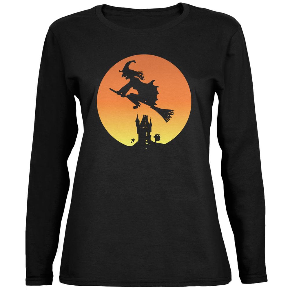Halloween Witch Sunset Black Womens Long Sleeve T-Shirt Women's Long Sleeves Old Glory 2XL Black
