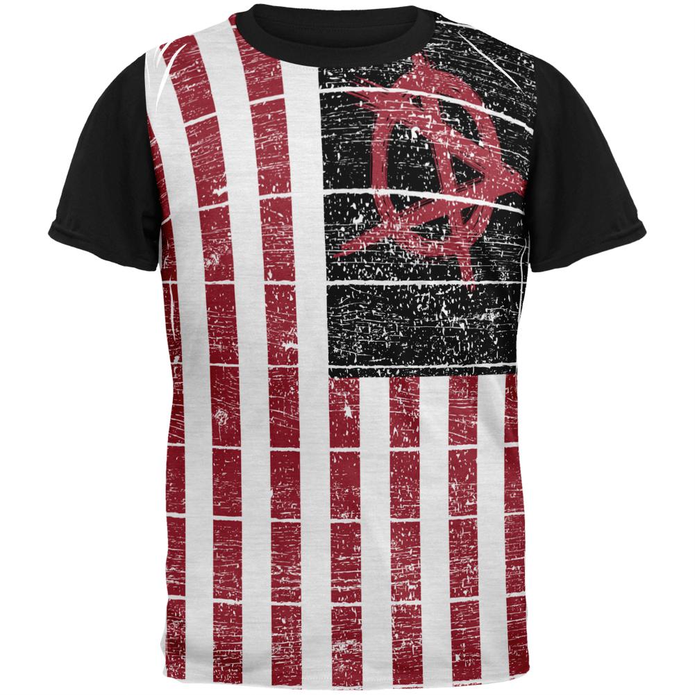 American Anarchy Flag Distressed Adult Black Back T-Shirt Men's T-Shirts Old Glory LG Multi