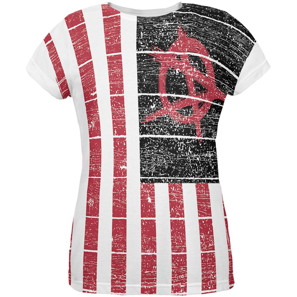 American Anarchy Flag Distressed All Over Womens T-Shirt Women's T-Shirts Old Glory 2XL White
