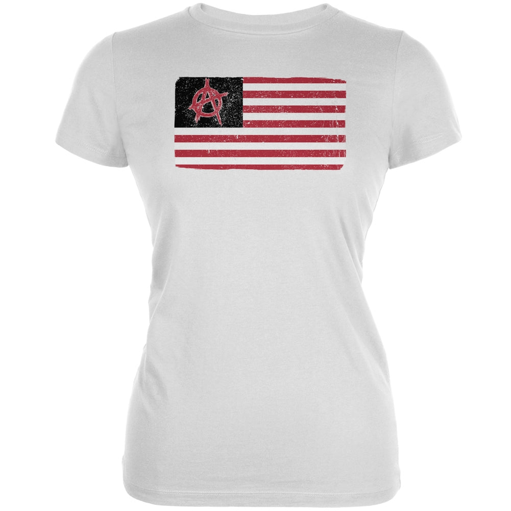 American Anarchy Flag Distressed White Juniors Soft T-Shirt Juniors T-Shirts Old Glory 2XL White