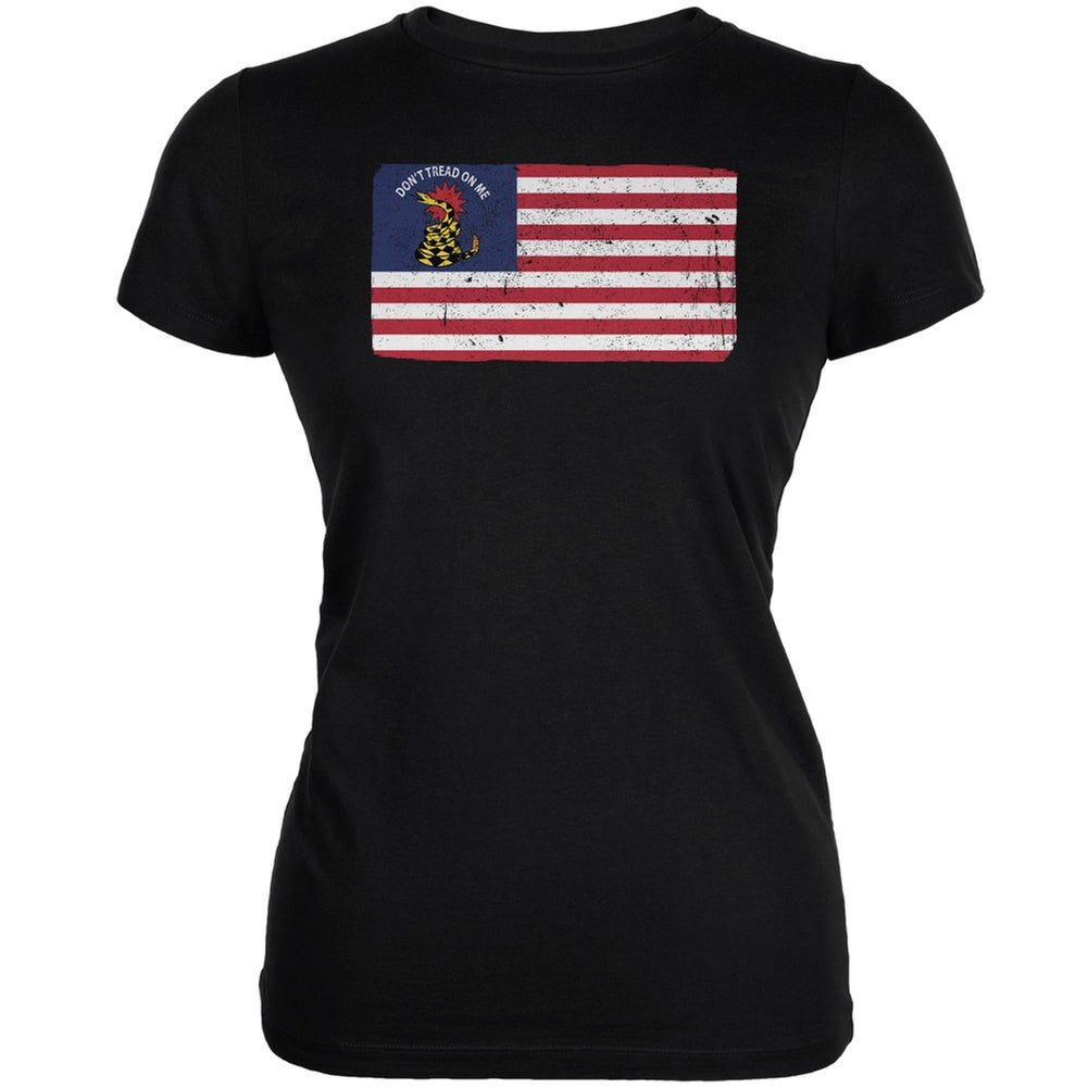American Gadsden Flag Distressed Black Juniors Soft T-Shirt Juniors T-Shirts Old Glory 2XL Black