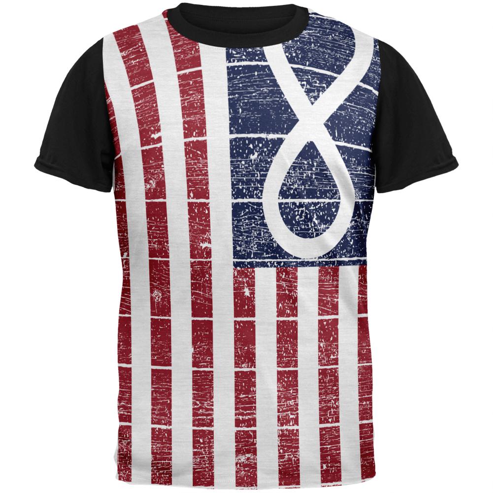 American Metis Flag Distressed Adult Black Back T-Shirt Men's T-Shirts Old Glory LG Multi