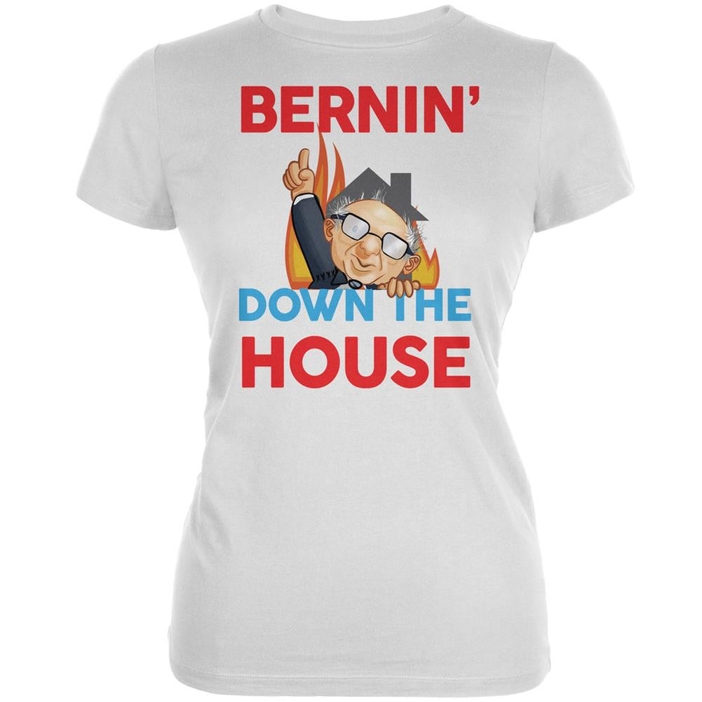 Election 2016 Bernie Bernin' Down The House White Juniors Soft T-Shirt Juniors T-Shirts Old Glory 2XL White