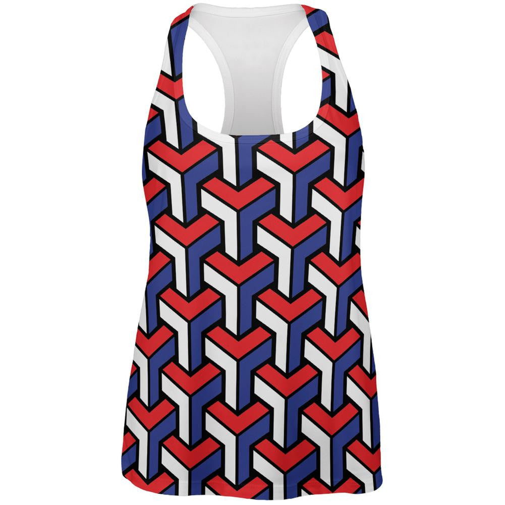 4th of July 3d Red White & Blue Blocks All Over Womens Racerback Tank Top Women's Tank Tops Old Glory 2XL White