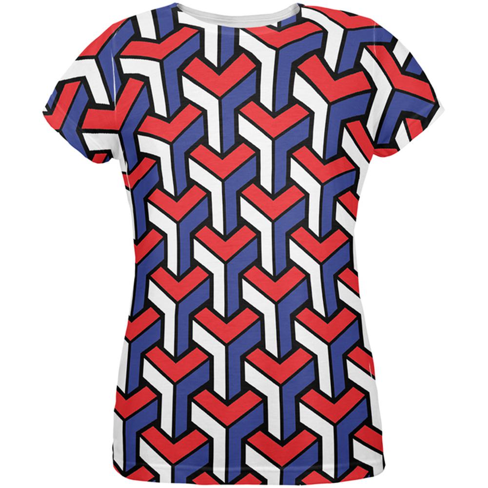 3d Red White & Blue Blocks All Over Womens T-Shirt Women's T-Shirts Old Glory 2XL White