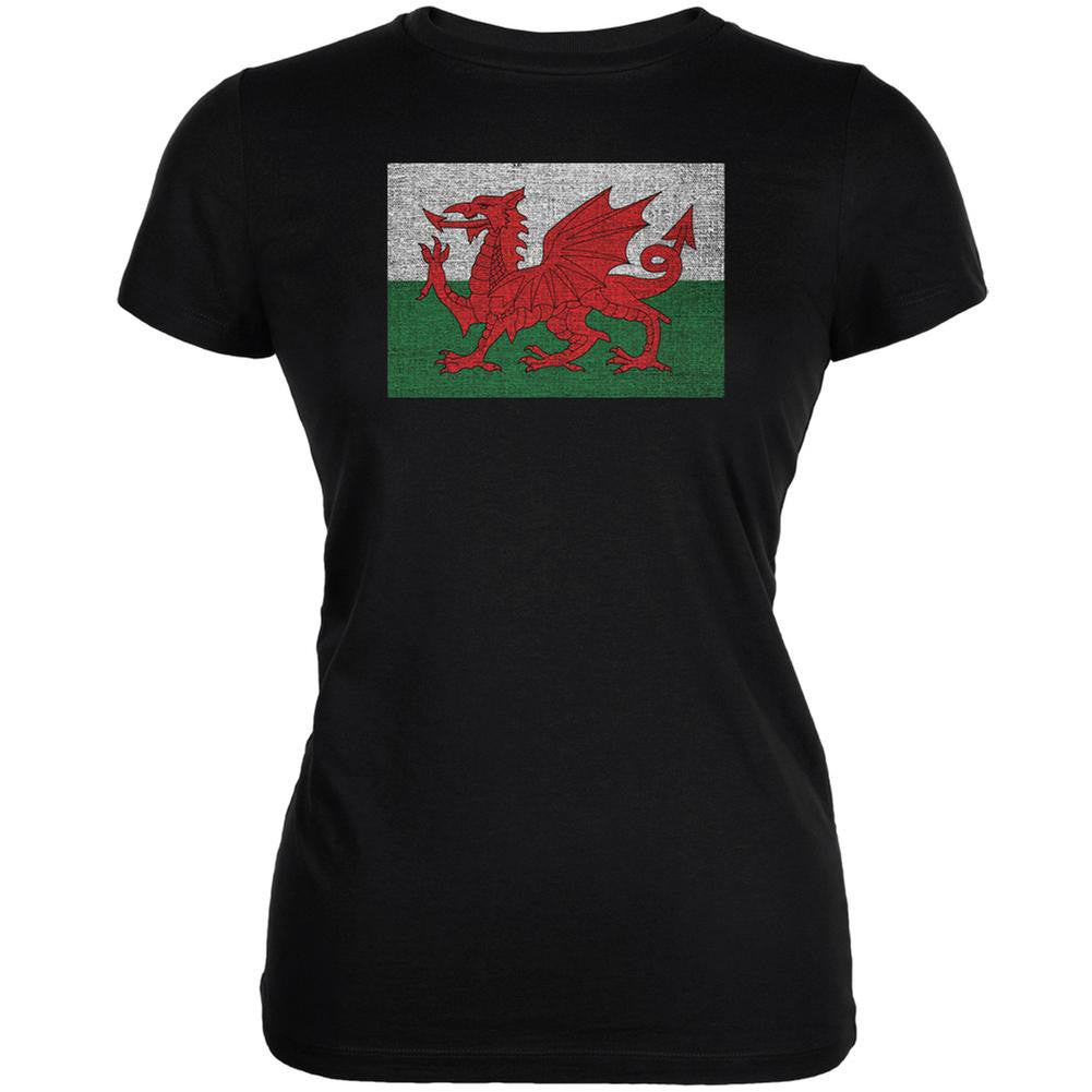 Welsh Flag Distressed Black Juniors Soft T-Shirt Juniors T-Shirts Old Glory 2XL Black