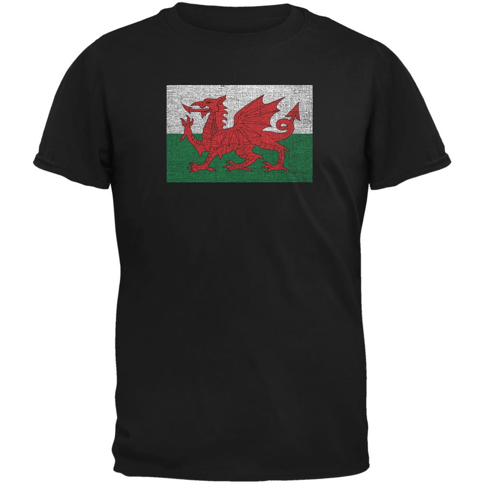 Welsh Flag Distressed Black Youth T-Shirt Youth T-Shirts Old Glory LG Black