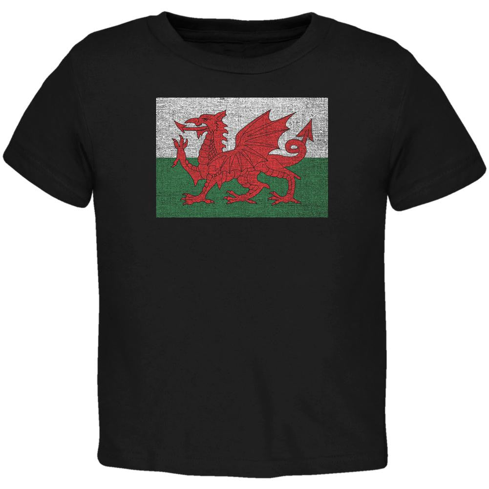 Welsh Flag Distressed Black Toddler T-Shirt Toddler T-Shirts Old Glory 2T Black