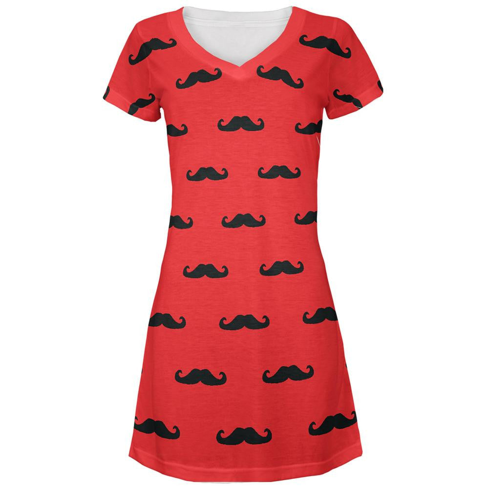 Red & Black Mustaches All Over Juniors V-Neck Dress, SM / Multi