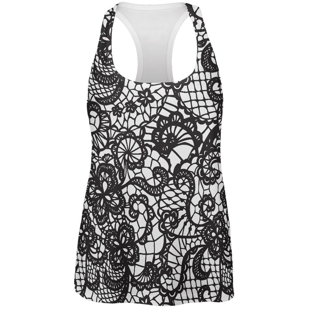 Black And White Lace All Over Womens Racerback Tank Top Women's Tank Tops Old Glory 2XL White