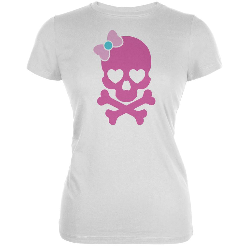 Halloween Pink Skull and Bow White Juniors Soft T-Shirt Juniors T-Shirts Old Glory 2XL White
