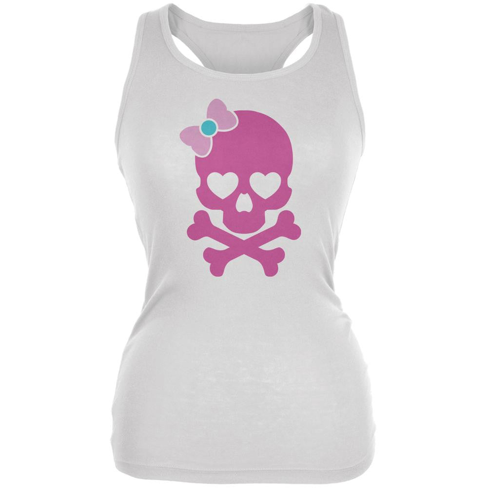 Halloween Pink Skull and Bow White Juniors Soft Tank Top Juniors Tank Tops Old Glory 2XL White