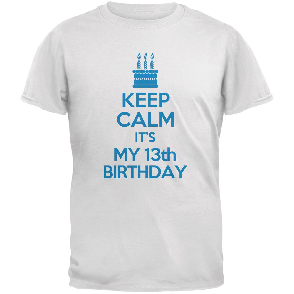 Keep Calm 13th Birthday Boy White Youth T-Shirt Youth T-Shirts Old Glory LG White