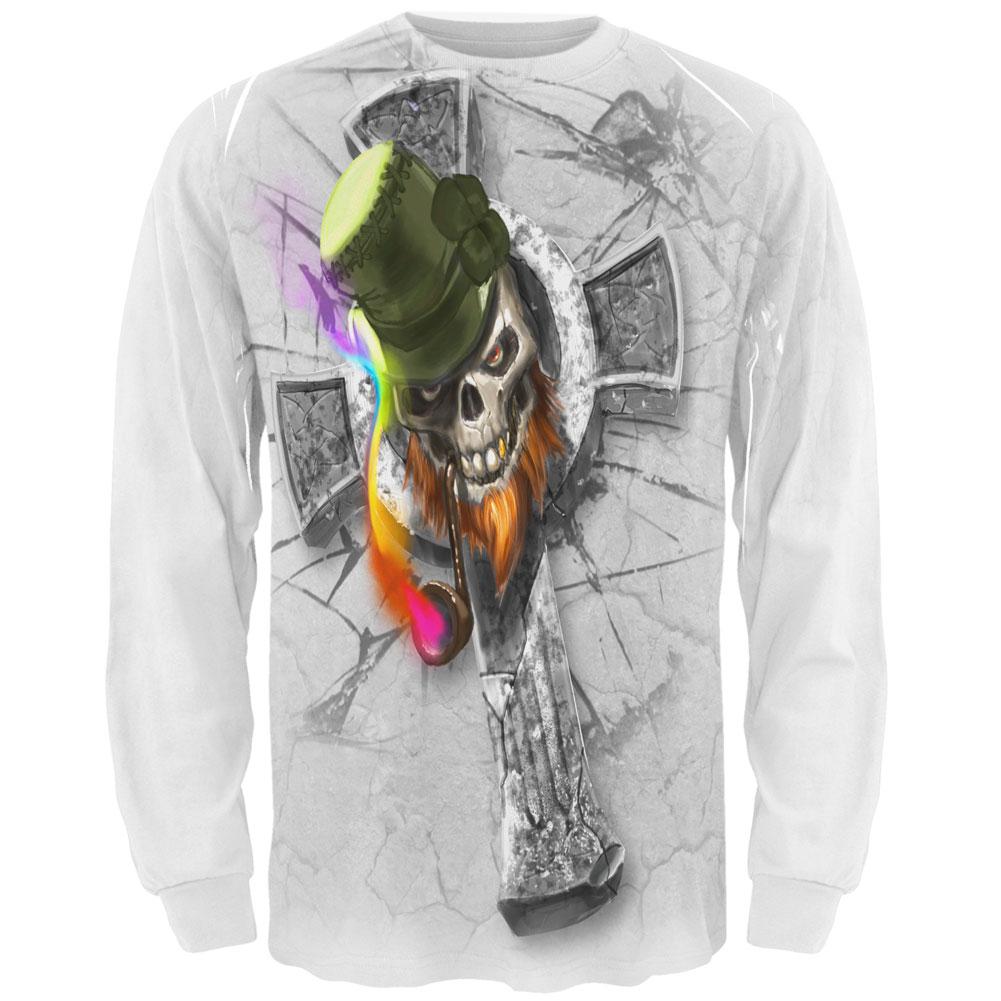 Irish Skull Leprechaun Celtic Cross All Over Adult Long Sleeve T-Shirt Men's Long Sleeves Old Glory SM White