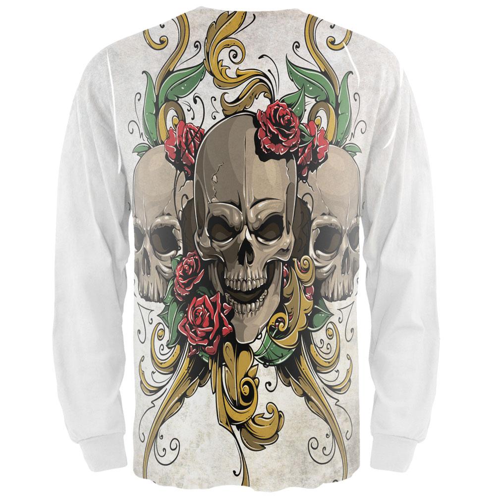 Skulls and Roses Tattoo All Over Adult Long Sleeve T-Shirt Men's Long Sleeves Old Glory