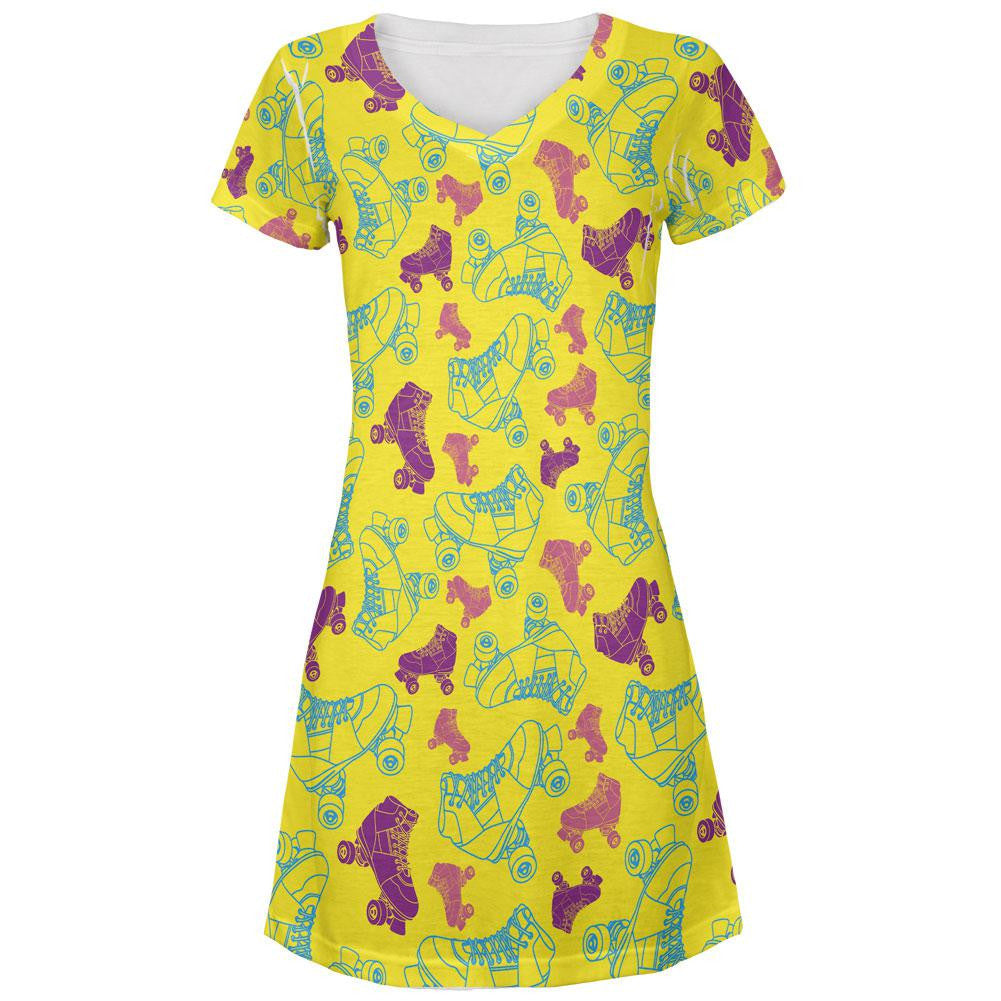 Scattered Roller Skates All Over Juniors V-Neck Dress Juniors Dresses Old Glory LG Multi
