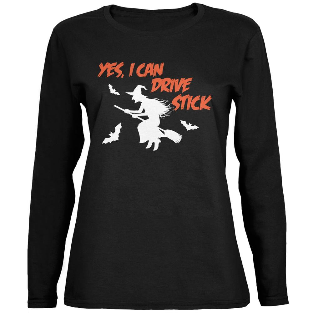 Halloween Witch I Can Drive Stick Black Womens Long Sleeve T-Shirt Women's Long Sleeves Old Glory 2XL Black