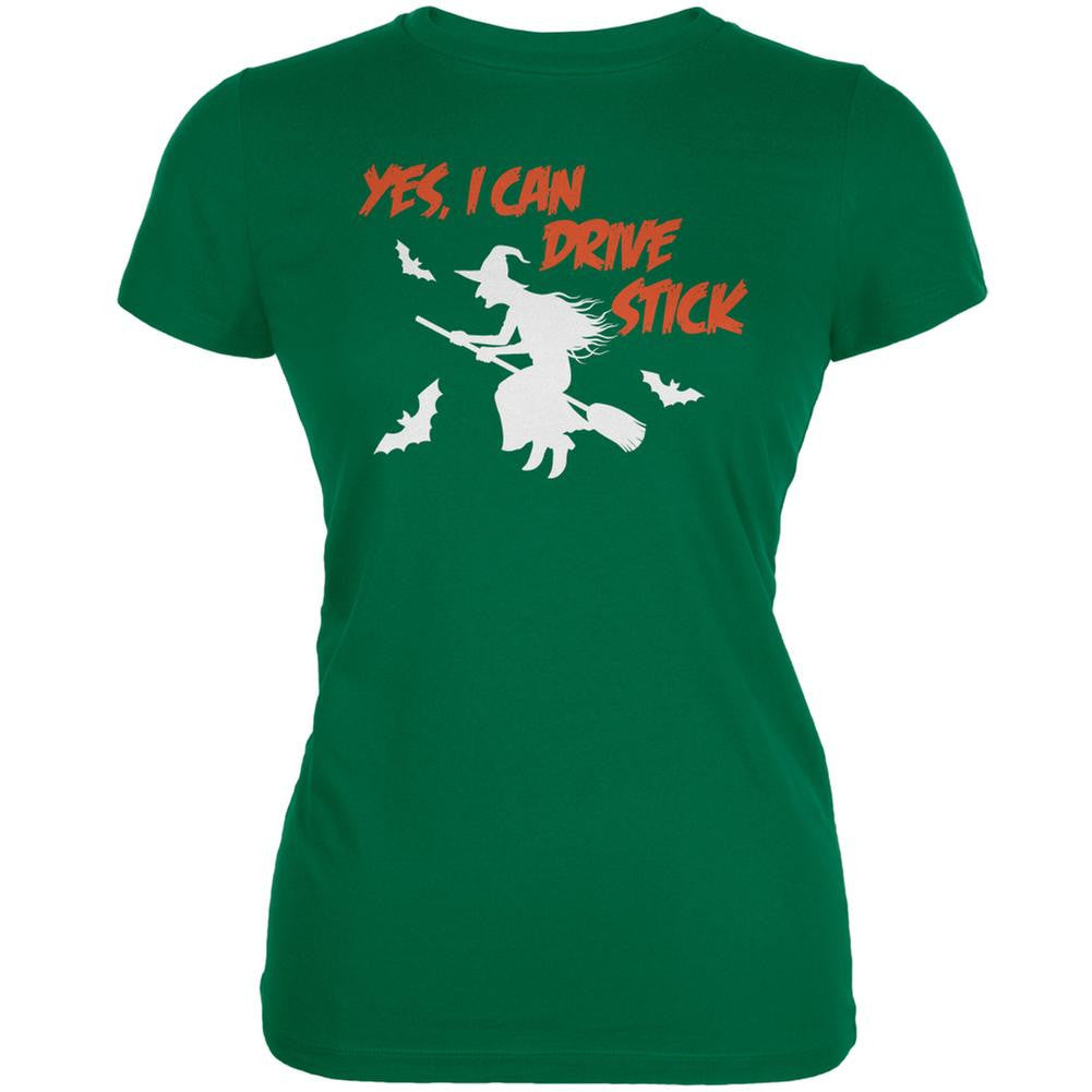Halloween Witch I Can Drive Stick Kelly Green Juniors Soft T-Shirt Juniors T-Shirts Old Glory SM