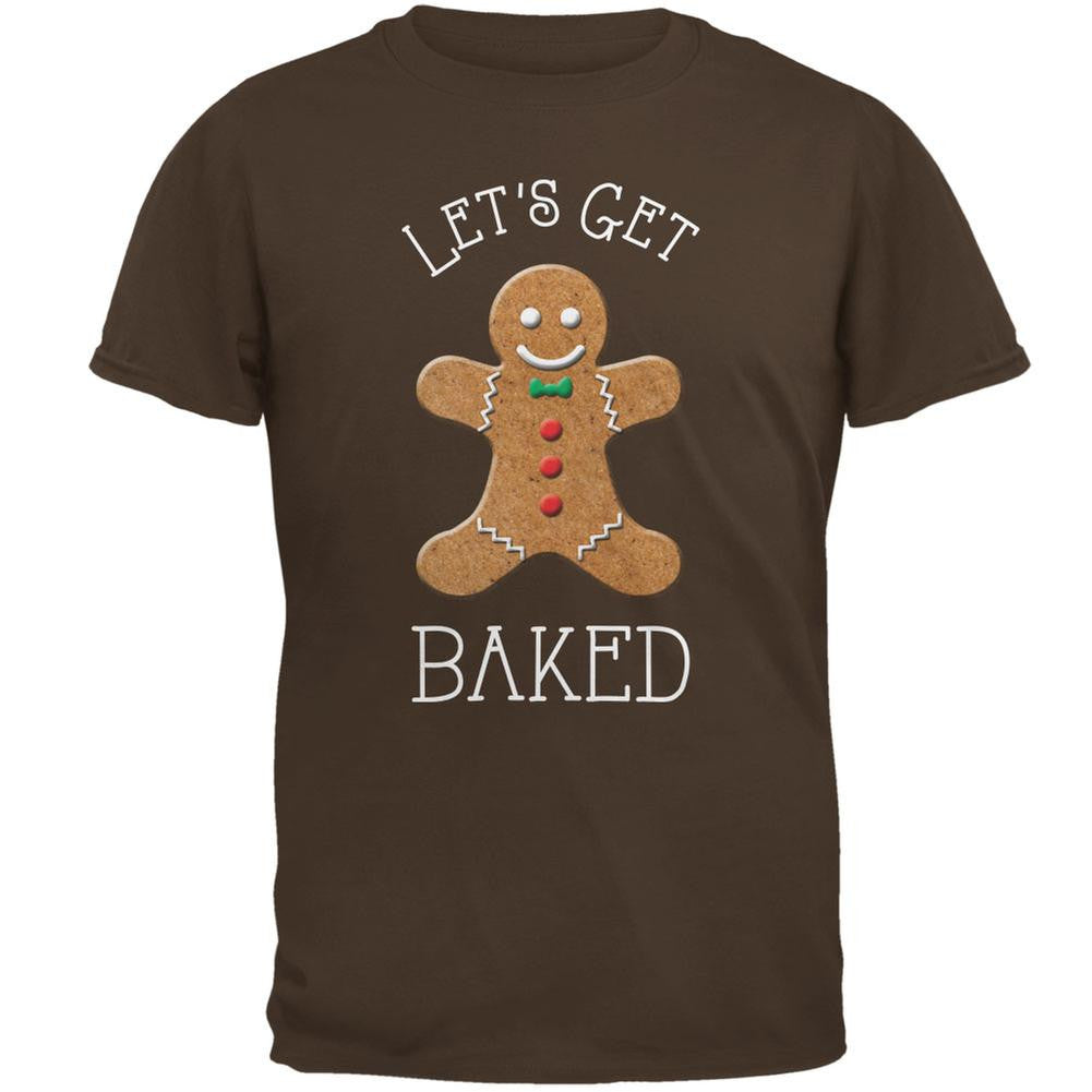 Christmas Gingerbread Man Let's Get Baked Brown Adult T-Shirt Men's T-Shirts Old Glory 2XL Brown