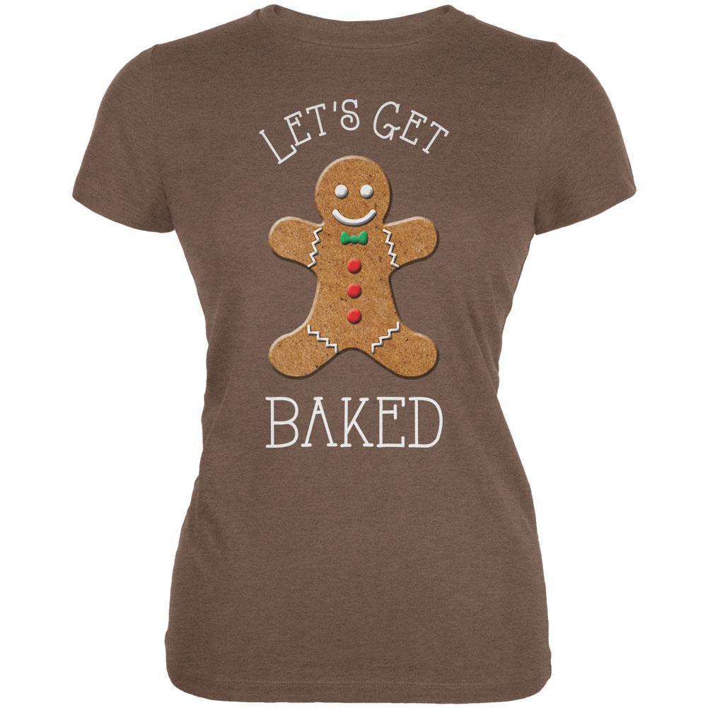 Christmas Gingerbread Man Let's Get Baked Heather Brown Juniors Soft T-Shirt Juniors T-Shirts Old Glory 2XL Brown