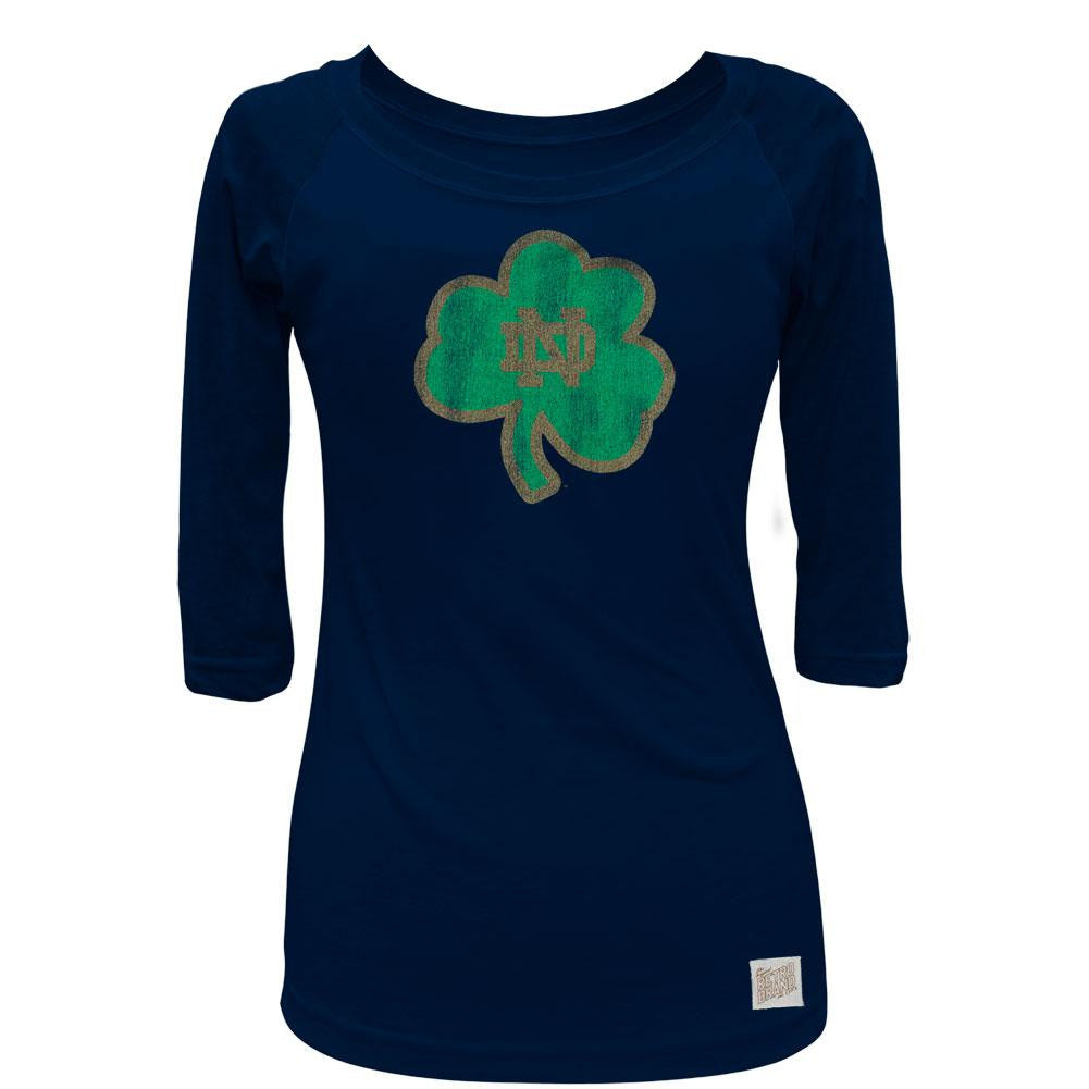 Notre Dame Fighting Irish - Distressed ND Shamrock Juniors 3/4 Sleeve Raglan Juniors Raglans Notre Dame Fighting Irish