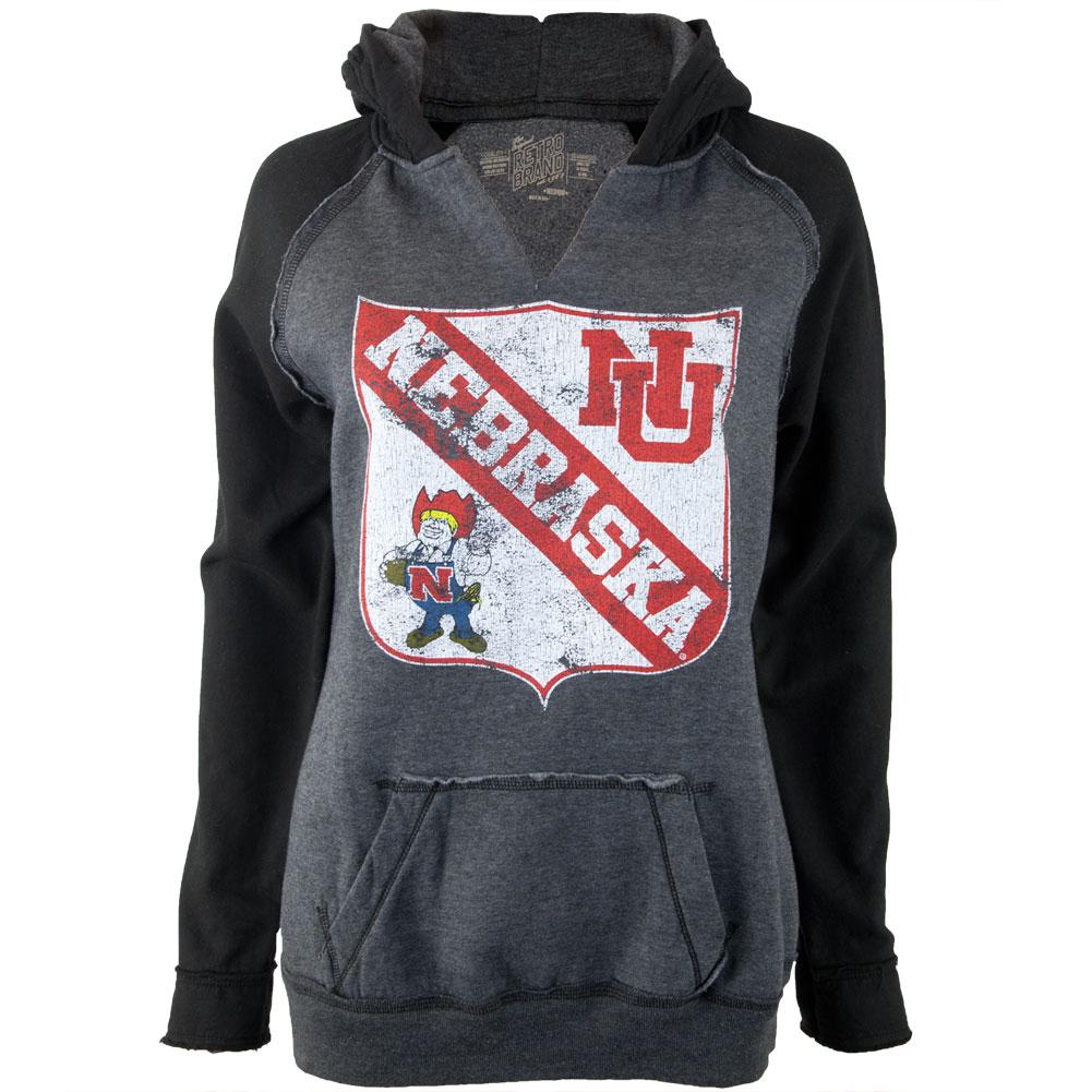 Nebraska Cornhuskers - Distressed Shield Juniors Relaxed Slit-Neck Hoodie Juniors Hoodies Nebraska Cornhuskers LG Black