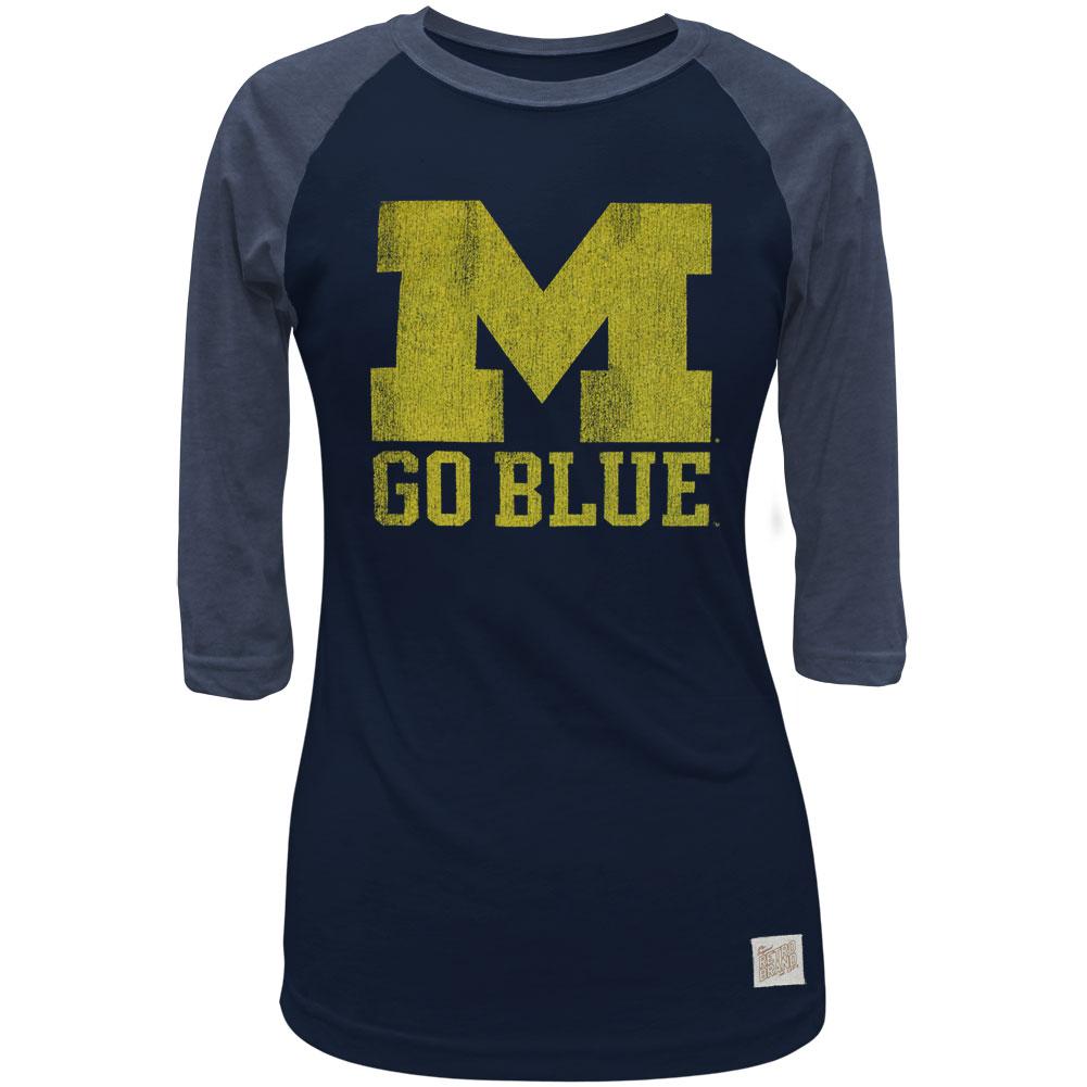 Michigan Wolverines - Go Blue Juniors 3/4 Sleeve Raglan Juniors Raglans Michigan Wolverines LG Blue