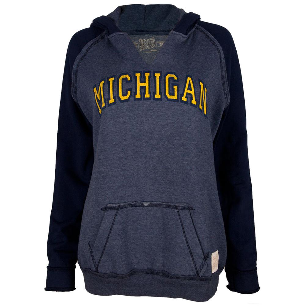 Michigan Wolverines - Arched Letters Juniors Relaxed Slit-Neck Hoodie Juniors Hoodies Michigan Wolverines LG Blue