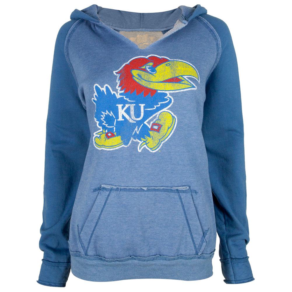 Kansas Jayhawks - Giant Bird Logo Juniors Relaxed Slit-Neck Hoodie Juniors Hoodies Kansas Jayhawks SM Blue