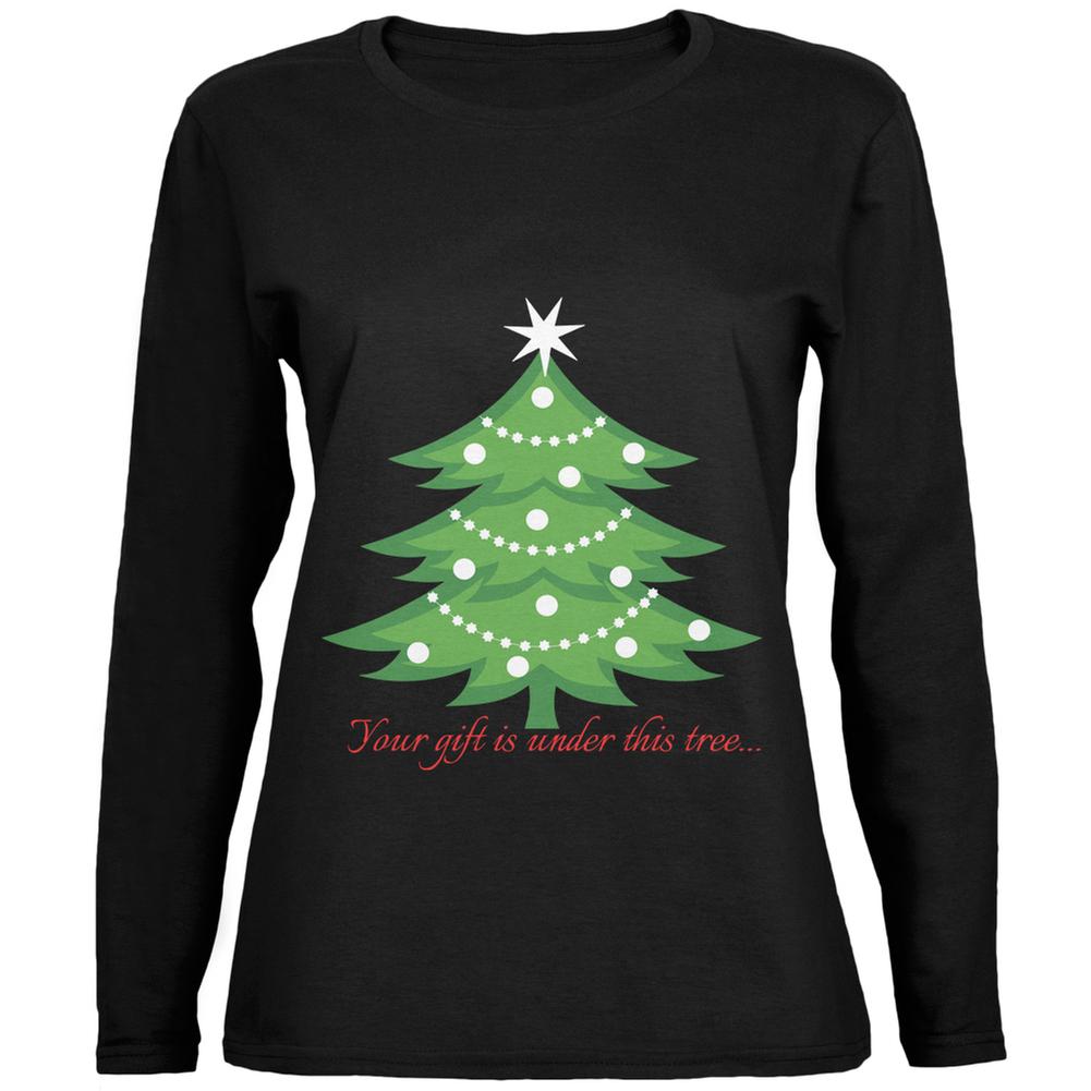 Christmas Gift Under Tree Black Womens Long Sleeve T-Shirt Women's Long Sleeves Old Glory 2XL Black