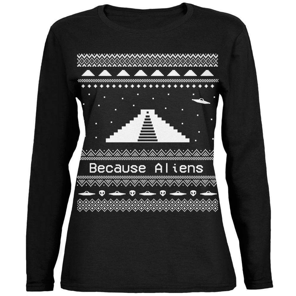 Pyramid Aliens Ugly Christmas Sweater Black Womens Long Sleeve T-Shirt Women's Long Sleeves Old Glory 2XL Black