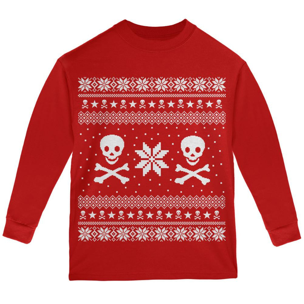 Skull & Crossbones Ugly Christmas Sweater Black Youth Long Sleeve T-Shirt Youth Long Sleeves Old Glory