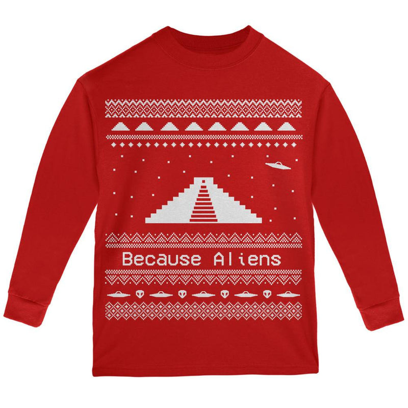 Pyramid Aliens Ugly Christmas Sweater Black Youth Long Sleeve T-Shirt Youth Long Sleeves Old Glory LG Red