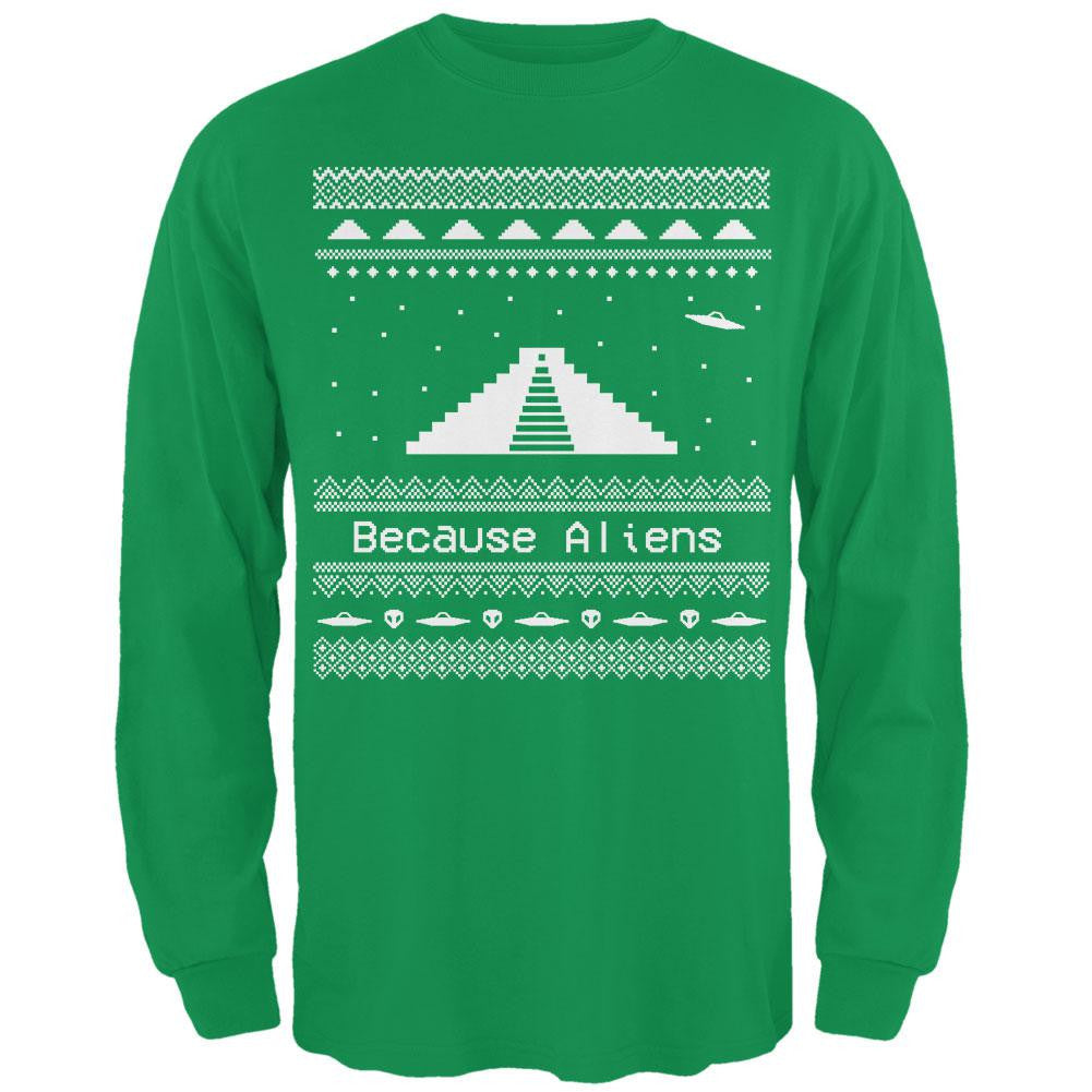 Pyramid Aliens Ugly Christmas Sweater Black Adult Long Sleeve T-Shirt Men's Long Sleeves Old Glory 2XL Green
