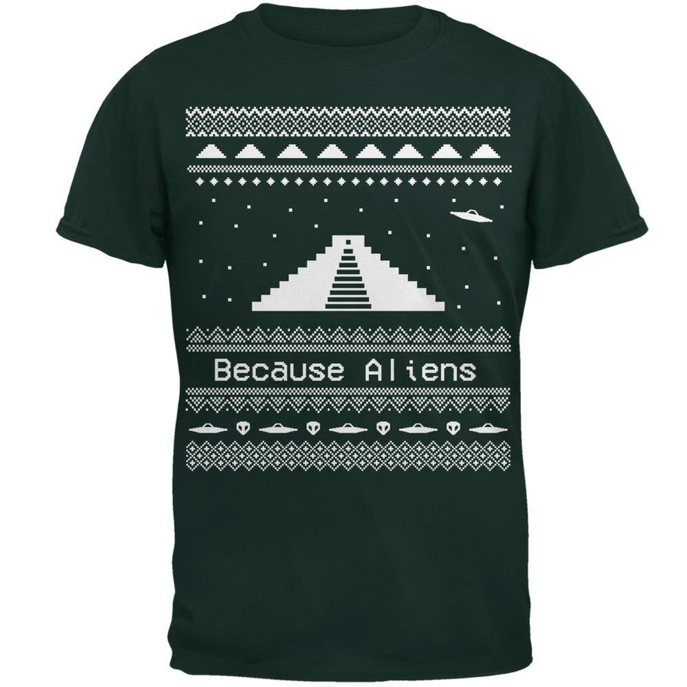 Pyramid Aliens Ugly Christmas Sweater Black Adult T-Shirt Men's T-Shirts Old Glory 2XL Dark Green