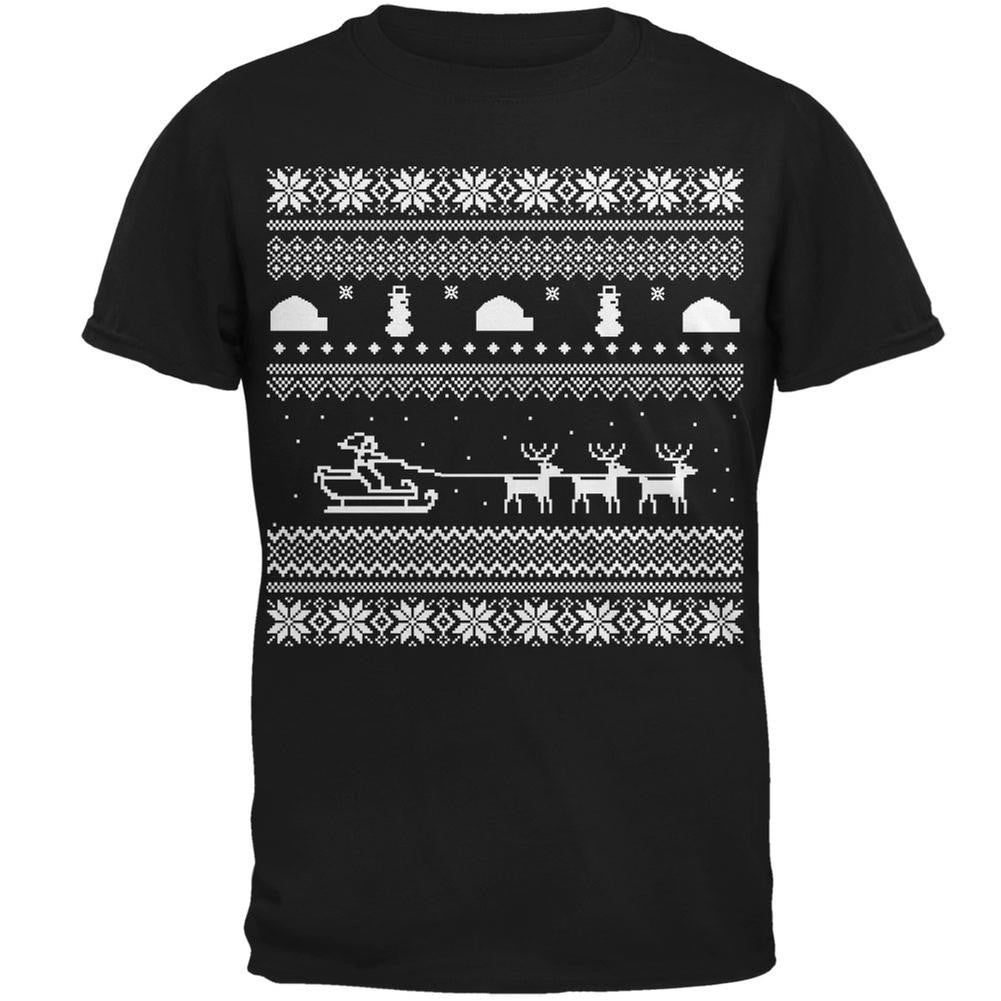 Santa Sleigh Ugly Christmas Sweater Black Adult T-Shirt Men's T-Shirts Old Glory